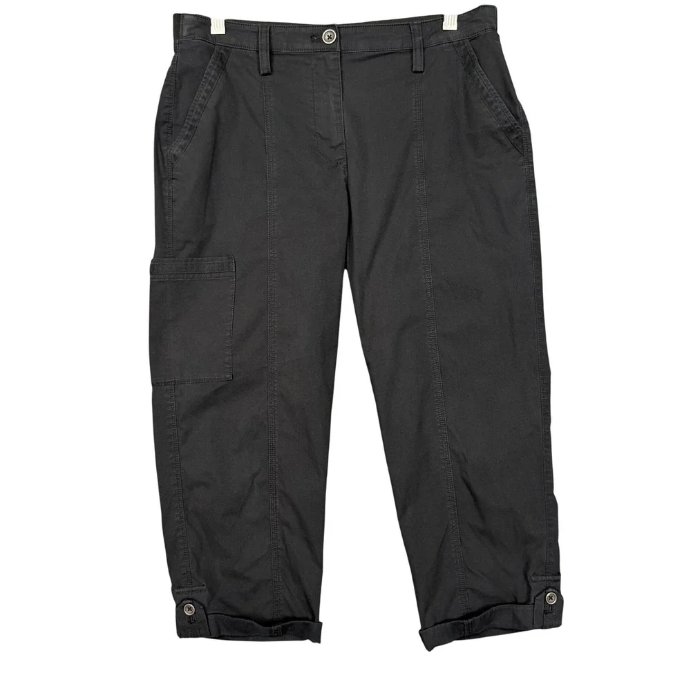Chicos Capri Pants 00 Womens 2 Black Stretch Cargo Utility Cuffed Cropped